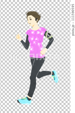 短髮、穿著花卉圖案跑步的女人 111590595