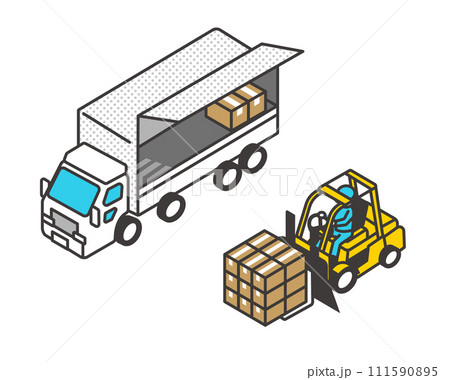 フォークリフトで荷物を運ぶ作業員のアイソメベクターイラスト素材 111590895