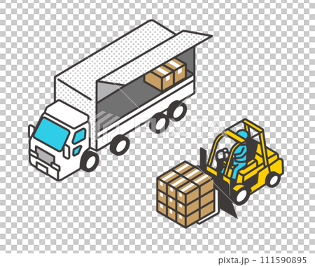 フォークリフトで荷物を運ぶ作業員のアイソメベクターイラスト素材 111590895