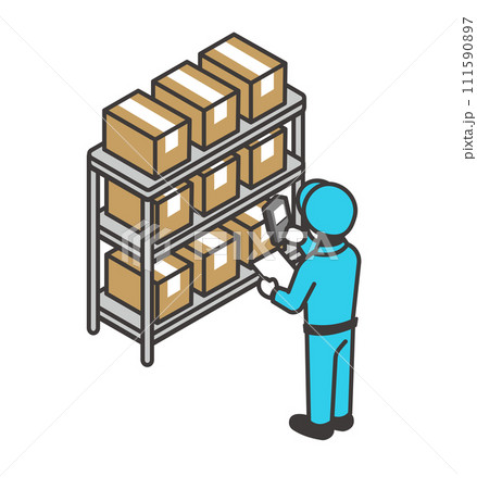 仕分けやピッキングをする作業員のアイソメベクターイラスト素材 111590897