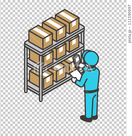 仕分けやピッキングをする作業員のアイソメベクターイラスト素材 111590897