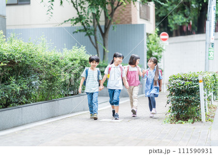 友達と一緒に登校する小学生。 111590931