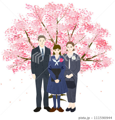 桜の木を背景に記念撮影をする卒業式の父、母、娘の3人家族のイラスト 111590944