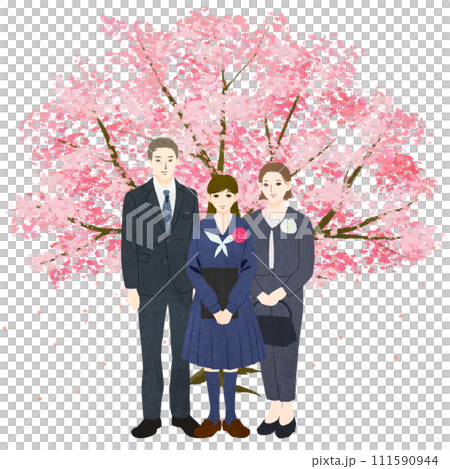 桜の木を背景に記念撮影をする卒業式の父、母、娘の3人家族のイラスト 111590944