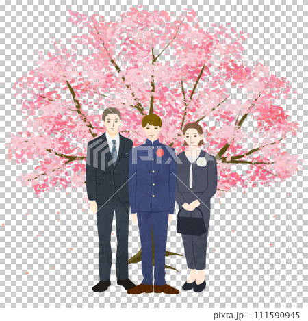 桜の木を背景に記念撮影をする卒業式の父、母、息子の3人家族のイラスト 111590945