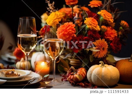 AI-generated content. Festive dinner on the table in a rustic style for Thanksgiving 111591433