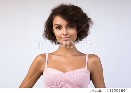 AI-generated content. A close-up of a pink and beige ribbon on a woman's chest in support of the causes of breast cancer. 111591644