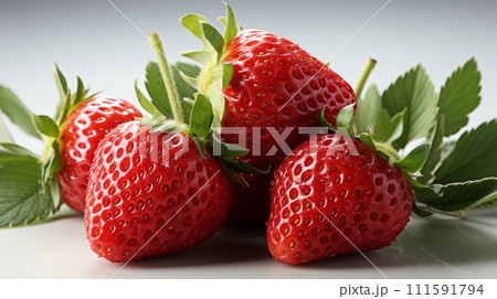 AI-generated content. Strawberries isolated on white background. Closeup of three strawberries. 111591794