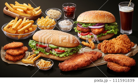 AI-generated content. Fast food collection set on white background. Fried chicken, fries, pizza, sandwich, chicken nuggets, eggs and bacon, shawarma, prawns. Junk food of fast food set. Closeup of AI-generated content. Fast food collection set on white background. Fried chicken, fries, pizza, sandwich, chicken nuggets, eggs and bacon, shawarma, prawns. Junk food of fast food set. Closeup of 111591839
