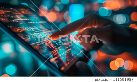 Close-up of a finger interacting with a futuristic touchscreen interface, depicting advanced technology and digital innovation. Close-up of a finger interacting with a futuristic touchscreen interface, depicting advanced technology and digital innovation. 111591987