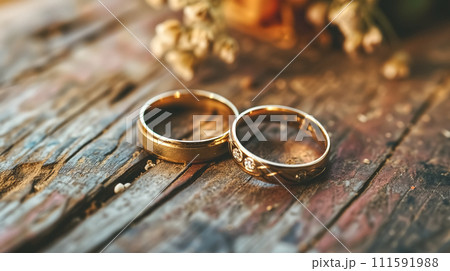 Two ornate vintage wedding rings resting on a textured wooden surface, symbolizing eternal love and marriage. Two ornate vintage wedding rings resting on a textured wooden surface, symbolizing eternal love and marriage. 111591988