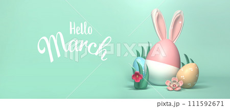 Hello March message with Easter eggs and rabbit ears 111592671