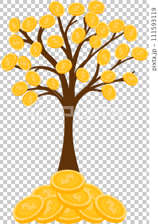 Wealth accumulation and the compounding of money invested in businesses resulting in the growth of numerous coins and banknotes, akin to a flourishing tree. 111593119