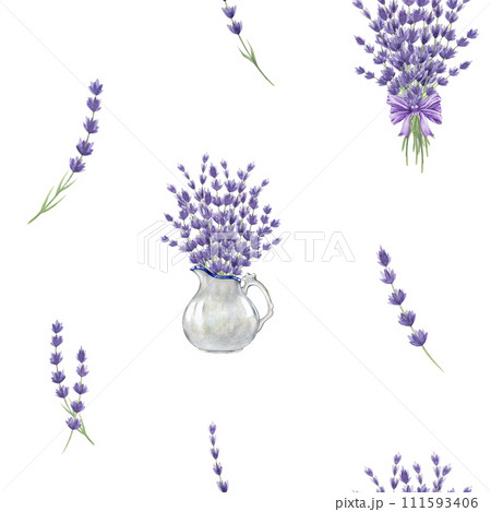 Lavender flowers bouquet seamless pattern. Watercolor illustration. Hand drawn organic lavandula herb rustic style decor. Lavender flowers seamless pattern. White background Lavender flowers bouquet seamless pattern. Watercolor illustration. Hand drawn organic lavandula herb rustic style decor. Lavender flowers seamless pattern. White background 111593406