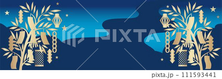 バナー　七夕　笹　笹の葉　飾り　夏　祭り　フレーム　シンプル　コピースペース　イラスト素材 111593441