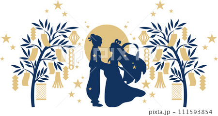 七夕　夏　織姫　彦星　牽牛　シルエット　人物　男性　女性　イラスト素材 111593854