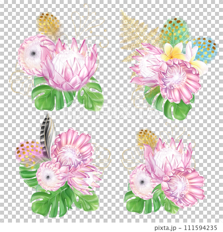Set of watercolor tropical bouquets of pink protea, monstera and feathers. Romantic flowers. exotic design. luxury decor Set of watercolor tropical bouquets of pink protea, monstera and feathers. Romantic flowers. exotic design. luxury decor 111594235