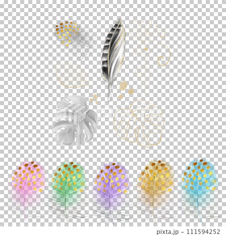 Watercolor clipart with colorful feathers, pheasant feather, golden monstera leaf. Tropical set, romantic design. Luxurious design of invitations. 111594252
