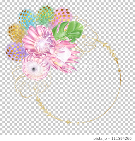 Golden round frame with watercolor pink protea flowers, monstera tropical leaves, colorful feathers with golden elements. Luxury design. Template for creating invitations. Golden round frame with watercolor pink protea flowers, monstera tropical leaves, colorful feathers with golden elements. Luxury design. Template for creating invitations. 111594260