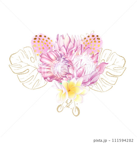 Watercolor tropical bouquet with pink protea flowers and monstera leaves in a romantic, luxury style with golden elements. To create wedding design, banners, postcards, greeting cards Watercolor tropical bouquet with pink protea flowers and monstera leaves in a romantic, luxury style with golden elements. To create wedding design, banners, postcards, greeting cards 111594282