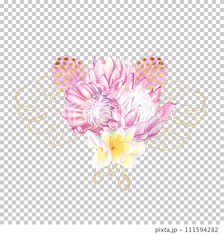 Watercolor tropical bouquet with pink protea flowers and monstera leaves in a romantic, luxury style with golden elements. To create wedding design, banners, postcards, greeting cards Watercolor tropical bouquet with pink protea flowers and monstera leaves in a romantic, luxury style with golden elements. To create wedding design, banners, postcards, greeting cards 111594282