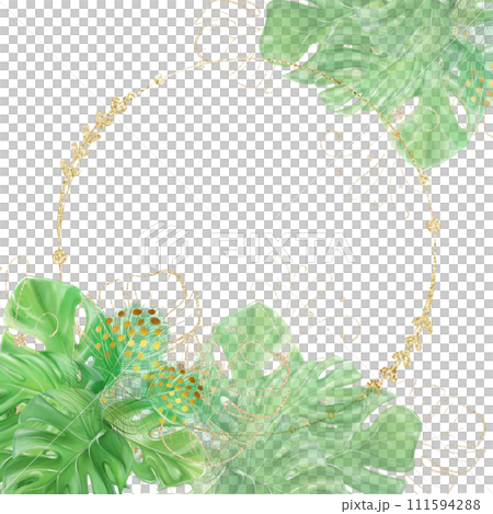 Round frame with monstera tropical leaves. Watercolor illustration. Template for design 111594288