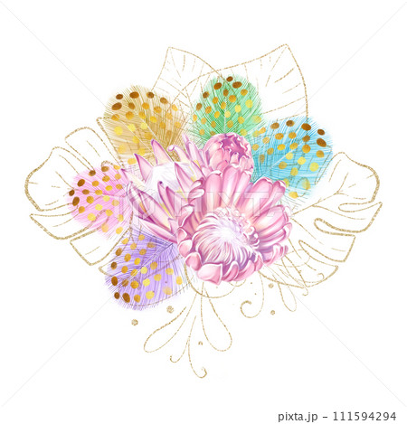 Watercolor tropical bouquet, banner of pink protea flowers and golden monstera leaves with colorful feathers. Exotic, luxury and romantic design 111594294