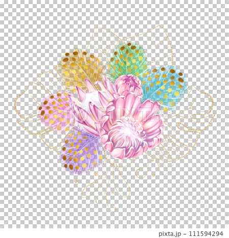 Watercolor tropical bouquet, banner of pink protea flowers and golden monstera leaves with colorful feathers. Exotic, luxury and romantic design 111594294
