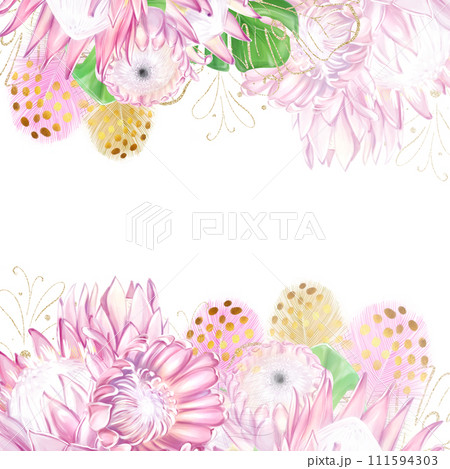 Tropical banner, square frame with pink protea flowers and colorful feathers. Exotic plants, romantic, luxury template for design 111594303