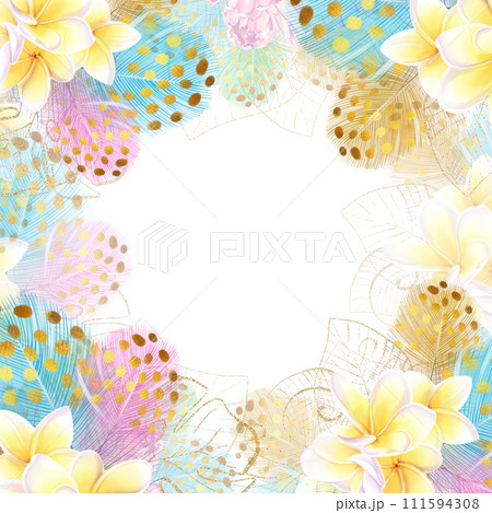 Square frame of tropical frangipania flowers and colorful feathers. Template for design. Romantic, exotic style 111594308