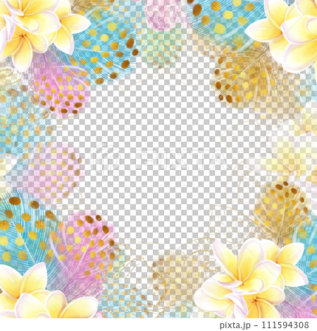 Square frame of tropical frangipania flowers and colorful feathers. Template for design. Romantic, exotic style 111594308