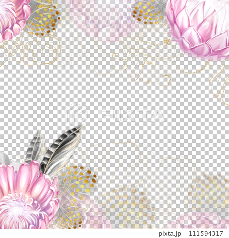 Square frame, pattern of pink protea tropical flowers. Exotic, luxury design. watercolor drawing 111594317