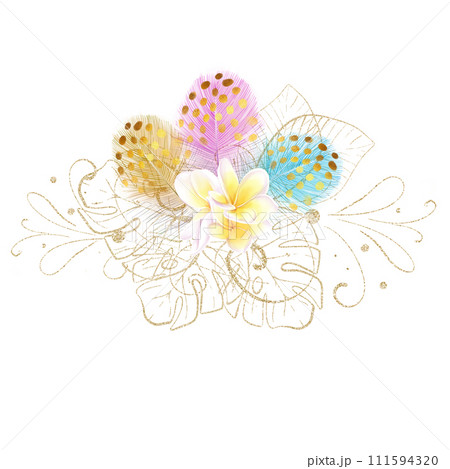 Bouquet of borders with white frangipani flowers and colorful primroses. Watercolor drawing. Aloha, Hawaiian style, exotic template, banner, gold decor Bouquet of borders with white frangipani flowers and colorful primroses. Watercolor drawing. Aloha, Hawaiian style, exotic template, banner, gold decor 111594320