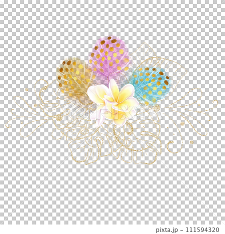 Bouquet of borders with white frangipani flowers and colorful primroses. Watercolor drawing. Aloha, Hawaiian style, exotic template, banner, gold decor Bouquet of borders with white frangipani flowers and colorful primroses. Watercolor drawing. Aloha, Hawaiian style, exotic template, banner, gold decor 111594320