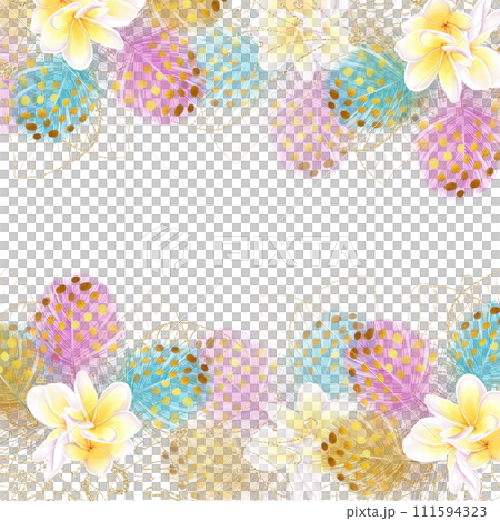 Frame border, banner watercolor tropical bouquet of white frangipania flowers and colorful feathers. Romantic, exotic, luxury design for invitation cards 111594323