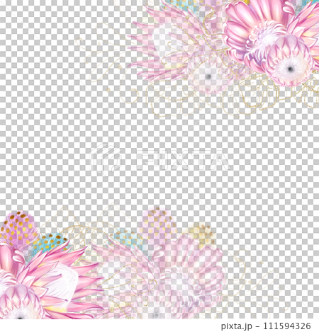 Watercolor tropical style invitation template with pink protea flowers and colorful feathers. Romantic, luxury style Watercolor tropical style invitation template with pink protea flowers and colorful feathers. Romantic, luxury style 111594326