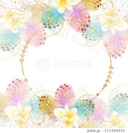 Exotic style round gold frame with white frangipani flowers and colorful feathers.Tropical, luxury design in aloha, hawia style Exotic style round gold frame with white frangipani flowers and colorful feathers.Tropical, luxury design in aloha, hawia style 111594333