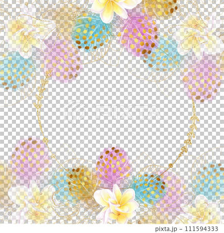 Exotic style round gold frame with white frangipani flowers and colorful feathers.Tropical, luxury design in aloha, hawia style Exotic style round gold frame with white frangipani flowers and colorful feathers.Tropical, luxury design in aloha, hawia style 111594333
