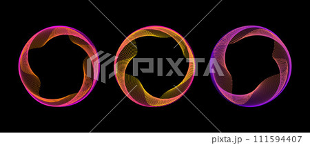 Neon gradient dotted circle set. Pink orange purple glowing round tech frame collection. Curved wave dot line circles on black background. Colorful circular border pack. Vector design element bundle Neon gradient dotted circle set. Pink orange purple glowing round tech frame collection. Curved wave dot line circles on black background. Colorful circular border pack. Vector design element bundle 111594407