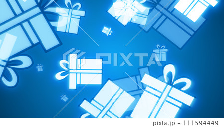 Christmas festive bright New Year background from gift boxes glowing winter beautiful falling flying pattern on blue background Christmas festive bright New Year background from gift boxes glowing winter beautiful falling flying pattern on blue background 111594449