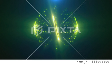 Green energy magic circle sphere ball of futuristic waves and lines of particles of atom energy and electricity. Abstract background Green energy magic circle sphere ball of futuristic waves and lines of particles of atom energy and electricity. Abstract background 111594459