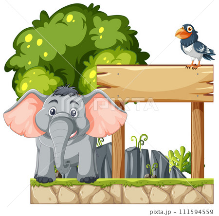 Elephant and Bird with Wooden Sign 111594559