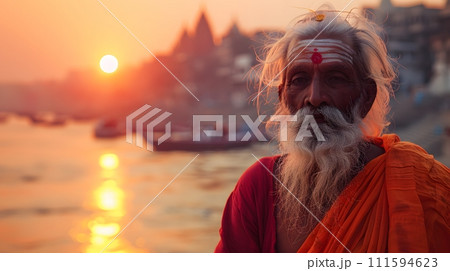 An old yogi was meditating on the bank of the Ganges River. It was quiet amidst the morning sunshine. Behind him is the view of Varanasi. It is a symbol of peace, tranquility and faith in Hinduism. An old yogi was meditating on the bank of the Ganges River. It was quiet amidst the morning sunshine. Behind him is the view of Varanasi. It is a symbol of peace, tranquility and faith in Hinduism. 111594623