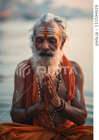 An old yogi was meditating on the bank of the Ganges River. It was quiet amidst the morning sunshine. Behind him is the view of Varanasi. It is a symbol of peace, tranquility and faith in Hinduism. 111594626