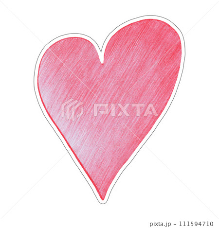 Red Heart Sticker Drawn by Colored Pencil. Heart Shape Isolated on White Background. 111594710