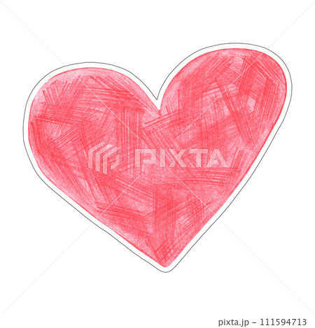 Red Heart Sticker Drawn by Colored Pencil. Heart Shape Isolated on White Background. 111594713