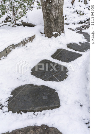 京都大原　宝泉院　雪景色の宝楽園　飛び石 111594959