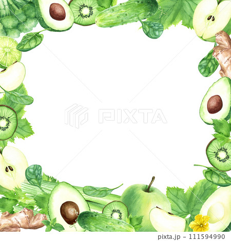 Watercolor square frame with green vegetables and fruits. Hand drawn food illustration isolated on white background. For clip art cards menu label package 111594990