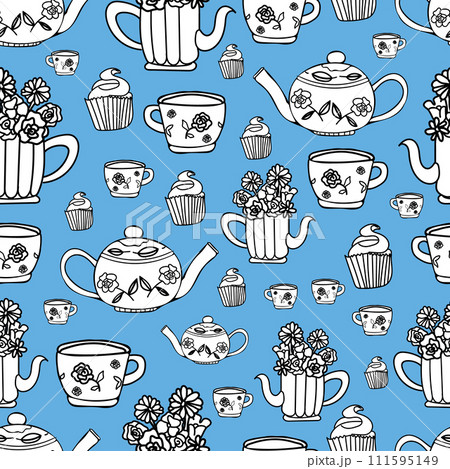 vector hand drawn garden tea party elements seamless pattern perfect for wrapping paper, invitations, high tea, paper plates, napkins, stationary, wallpaper, projects, fabric, aprons, kitchen apparel 111595149