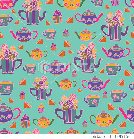 vector hand drawn garden tea party elements seamless pattern perfect for wrapping paper, invitations, high tea, paper plates, napkins, stationary, wallpaper, projects, fabric, aprons, kitchen apparel 111595150
